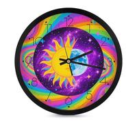 FHESDCW 10 Inch Silent Wall Clock Round Modern Decorative Clocks - Battery Operated, Sun and Moon Psychedelic Wall Clock for Office, Bedroom, Living Room, Black-Style
