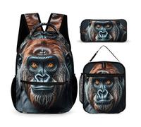 FHESDCW 3-in-1 Backpack Set with Lunch Bag & Pencil Case, A Gorilla Backpack with Front Pocket, Insulated Lunch Tote, Large Capacity Pencil Pouch