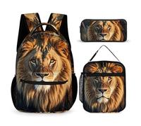 FHESDCW 3-in-1 Backpack Set with Lunch Bag & Pencil Case, A Lion Backpack with Front Pocket, Insulated Lunch Tote, Large Capacity Pencil Pouch