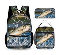 FHESDCW 3-in-1 Backpack Set with Lunch Bag & Pencil Case, Big Mouth Bass Bites Bait Backpack with Front Pocket, Insulated Lunch Tote, Large Capacity Pencil Pouch
