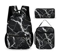 FHESDCW 3-in-1 Backpack Set with Lunch Bag & Pencil Case, Black And White Marble Backpack with Front Pocket, Insulated Lunch Tote, Large Capacity Pencil Pouch