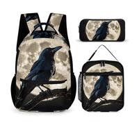 FHESDCW 3-in-1 Backpack Set with Lunch Bag & Pencil Case, Black Crow on Full Moon Backpack with Front Pocket, Insulated Lunch Tote, Large Capacity Pencil Pouch