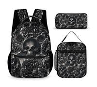 FHESDCW 3-in-1 Backpack Set with Lunch Bag & Pencil Case, Black Peony Rose Skul Backpack with Front Pocket, Insulated Lunch Tote, Large Capacity Pencil Pouch