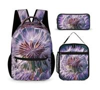 FHESDCW 3-in-1 Backpack Set with Lunch Bag & Pencil Case, Botany Dandelion Purple Backpack with Front Pocket, Insulated Lunch Tote, Large Capacity Pencil Pouch