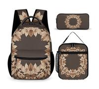 FHESDCW 3-in-1 Backpack Set with Lunch Bag & Pencil Case, Brown Aesthetic Floral Wreath Backpack with Front Pocket, Insulated Lunch Tote, Large Capacity Pencil Pouch