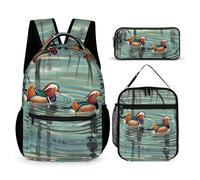 FHESDCW 3-in-1 Backpack Set with Lunch Bag & Pencil Case, Chinese Style Mandarin Ducks Backpack with Front Pocket, Insulated Lunch Tote, Large Capacity Pencil Pouch