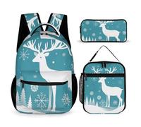 FHESDCW 3-in-1 Backpack Set with Lunch Bag & Pencil Case, Christmas Deer And Snowflakes Backpack with Front Pocket, Insulated Lunch Tote, Large Capacity Pencil Pouch