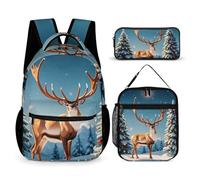FHESDCW 3-in-1 Backpack Set with Lunch Bag & Pencil Case, Christmas Deer Snow Tree Backpack with Front Pocket, Insulated Lunch Tote, Large Capacity Pencil Pouch