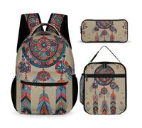 FHESDCW 3-in-1 Backpack Set with Lunch Bag & Pencil Case, Colorful Retro Tribe Dream Catcher Backpack with Front Pocket, Insulated Lunch Tote, Large Capacity Pencil Pouch