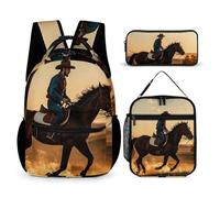 FHESDCW 3-in-1 Backpack Set with Lunch Bag & Pencil Case, Cowboys Riding Horses Backpack with Front Pocket, Insulated Lunch Tote, Large Capacity Pencil Pouch