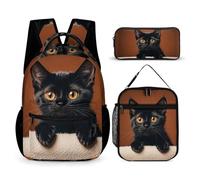 FHESDCW 3-in-1 Backpack Set with Lunch Bag & Pencil Case, Cute Peeping Black Cat Backpack with Front Pocket, Insulated Lunch Tote, Large Capacity Pencil Pouch