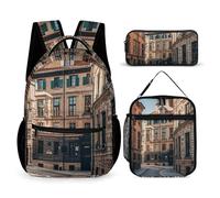 FHESDCW 3-in-1 Backpack Set with Lunch Bag & Pencil Case, Facade Architecture Urban Image Backpack with Front Pocket, Insulated Lunch Tote, Large Capacity Pencil Pouch