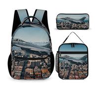 FHESDCW 3-in-1 Backpack Set with Lunch Bag & Pencil Case, Fighter Jets Fly over Cities Backpack with Front Pocket, Insulated Lunch Tote, Large Capacity Pencil Pouch