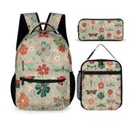 FHESDCW 3-in-1 Backpack Set with Lunch Bag & Pencil Case, Flowers And Red Green Dragonflies Backpack with Front Pocket, Insulated Lunch Tote, Large Capacity Pencil Pouch