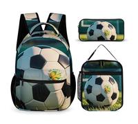 FHESDCW 3-in-1 Backpack Set with Lunch Bag & Pencil Case, Football on The Grass Backpack with Front Pocket, Insulated Lunch Tote, Large Capacity Pencil Pouch