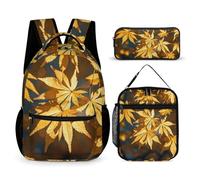 FHESDCW 3-in-1 Backpack Set with Lunch Bag & Pencil Case, Golden Autumn Leaves Backpack with Front Pocket, Insulated Lunch Tote, Large Capacity Pencil Pouch