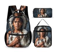 FHESDCW 3-in-1 Backpack Set with Lunch Bag & Pencil Case, Indigenous People And Wolves Backpack with Front Pocket, Insulated Lunch Tote, Large Capacity Pencil Pouch