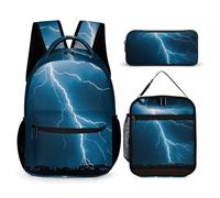 FHESDCW 3-in-1 Backpack Set with Lunch Bag & Pencil Case, Lightning Strikes, Thunderstorms Backpack with Front Pocket, Insulated Lunch Tote, Large Capacity Pencil Pouch