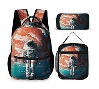 FHESDCW 3-in-1 Backpack Set with Lunch Bag & Pencil Case, Lonely Astronaut Backpack with Front Pocket, Insulated Lunch Tote, Large Capacity Pencil Pouch