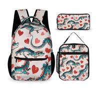 FHESDCW 3-in-1 Backpack Set with Lunch Bag & Pencil Case, Love Green Dragon Backpack with Front Pocket, Insulated Lunch Tote, Large Capacity Pencil Pouch