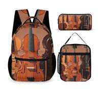 FHESDCW 3-in-1 Backpack Set with Lunch Bag & Pencil Case, Monochrome String Instruments Backpack with Front Pocket, Insulated Lunch Tote, Large Capacity Pencil Pouch