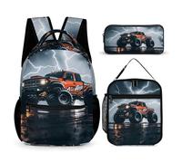 FHESDCW 3-in-1 Backpack Set with Lunch Bag & Pencil Case, Monster Truck Black Sky Lightning Roar Backpack with Front Pocket, Insulated Lunch Tote, Large Capacity Pencil Pouch