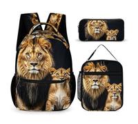 FHESDCW 3-in-1 Backpack Set with Lunch Bag & Pencil Case, Mother Lion And Young Lion Backpack with Front Pocket, Insulated Lunch Tote, Large Capacity Pencil Pouch
