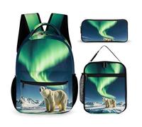 FHESDCW 3-in-1 Backpack Set with Lunch Bag & Pencil Case, Northern Lights Polar Bear Backpack with Front Pocket, Insulated Lunch Tote, Large Capacity Pencil Pouch