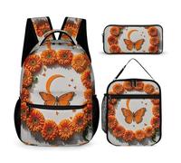 FHESDCW 3-in-1 Backpack Set with Lunch Bag & Pencil Case, Orange Butterfly Moon Backpack with Front Pocket, Insulated Lunch Tote, Large Capacity Pencil Pouch