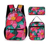 FHESDCW 3-in-1 Backpack Set with Lunch Bag & Pencil Case, Poinsettia Flowers Backpack with Front Pocket, Insulated Lunch Tote, Large Capacity Pencil Pouch