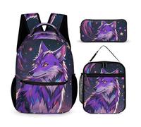 FHESDCW 3-in-1 Backpack Set with Lunch Bag & Pencil Case, Purple Starry Sky Galactic Wolf Backpack with Front Pocket, Insulated Lunch Tote, Large Capacity Pencil Pouch