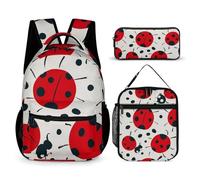 FHESDCW 3-in-1 Backpack Set with Lunch Bag & Pencil Case, Red Black Spotted Ladybug Backpack with Front Pocket, Insulated Lunch Tote, Large Capacity Pencil Pouch
