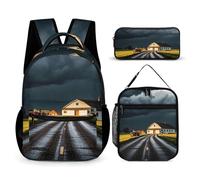 FHESDCW 3-in-1 Backpack Set with Lunch Bag & Pencil Case, Rural Roads Backpack with Front Pocket, Insulated Lunch Tote, Large Capacity Pencil Pouch