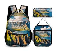 FHESDCW 3-in-1 Backpack Set with Lunch Bag & Pencil Case, Seaside Mountain Skyline Backpack with Front Pocket, Insulated Lunch Tote, Large Capacity Pencil Pouch