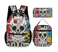 FHESDCW 3-in-1 Backpack Set with Lunch Bag & Pencil Case, Skeleton And Flower Black And White Backpack with Front Pocket, Insulated Lunch Tote, Large Capacity Pencil Pouch