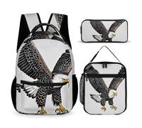 FHESDCW 3-in-1 Backpack Set with Lunch Bag & Pencil Case, Sketch of Bald Eagle Diving Backpack with Front Pocket, Insulated Lunch Tote, Large Capacity Pencil Pouch