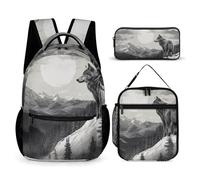 FHESDCW 3-in-1 Backpack Set with Lunch Bag & Pencil Case, Snow Mountain Lone Wolf Backpack with Front Pocket, Insulated Lunch Tote, Large Capacity Pencil Pouch