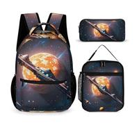FHESDCW 3-in-1 Backpack Set with Lunch Bag & Pencil Case, Spaceship Backpack with Front Pocket, Insulated Lunch Tote, Large Capacity Pencil Pouch