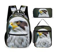 FHESDCW 3-in-1 Backpack Set with Lunch Bag & Pencil Case, Spear Falcon, White Eagle Backpack with Front Pocket, Insulated Lunch Tote, Large Capacity Pencil Pouch