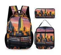 FHESDCW 3-in-1 Backpack Set with Lunch Bag & Pencil Case, Sunset Bridge Skyscraper Backpack with Front Pocket, Insulated Lunch Tote, Large Capacity Pencil Pouch