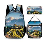 FHESDCW 3-in-1 Backpack Set with Lunch Bag & Pencil Case, The Great Wall of China Backpack with Front Pocket, Insulated Lunch Tote, Large Capacity Pencil Pouch