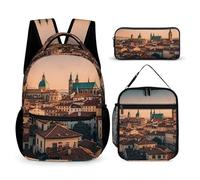 FHESDCW 3-in-1 Backpack Set with Lunch Bag & Pencil Case, The Old Town at Sunset Backpack with Front Pocket, Insulated Lunch Tote, Large Capacity Pencil Pouch