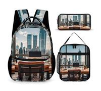 FHESDCW 3-in-1 Backpack Set with Lunch Bag & Pencil Case, Urban Architecture Backpack with Front Pocket, Insulated Lunch Tote, Large Capacity Pencil Pouch