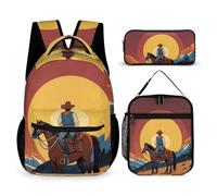 FHESDCW 3-in-1 Backpack Set with Lunch Bag & Pencil Case, West Cowboy Backpack with Front Pocket, Insulated Lunch Tote, Large Capacity Pencil Pouch
