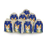 FHESDCW 8-Pack Cat Looking at Stars Gift Bags, Durable & Portable Linen Drawstring Bags, Reusable Storage Bag for Jewelry, Candy, Wedding, Travel, 4.9 X 6.7 Inch