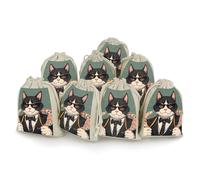FHESDCW 8-Pack Cool Rich Gangster Boss Cat Gift Bags, Durable & Portable Linen Drawstring Bags, Reusable Storage Bag for Jewelry, Candy, Wedding, Travel, 4.9 X 6.7 Inch