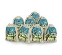 FHESDCW 8-Pack Exotic Tree Branch Sketch Cartoon Gift Bags, Durable & Portable Linen Drawstring Bags, Reusable Storage Bag for Jewelry, Candy, Wedding, Travel, 4.9 X 6.7 Inch