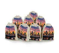 FHESDCW 8-Pack Sunset Bridge Skyscraper Gift Bags, Durable & Portable Linen Drawstring Bags, Reusable Storage Bag for Jewelry, Candy, Wedding, Travel, 4.9 X 6.7 Inch