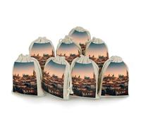 FHESDCW 8-Pack The Old Town at Sunset Gift Bags, Durable & Portable Linen Drawstring Bags, Reusable Storage Bag for Jewelry, Candy, Wedding, Travel, 4.9 X 6.7 Inch