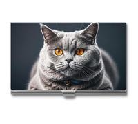 FHESDCW A Gray Cat Is Lying Business Card Holder for Men & Women, Professional Card Case with Buckle Style Shut, Compact And Portable Metal Case for Office Workers, style, One Size, Classic